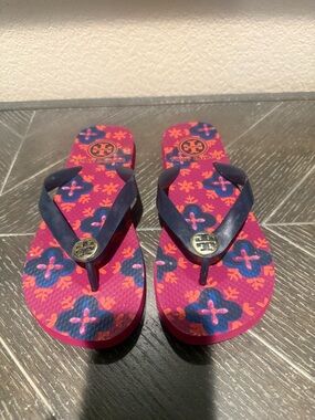 Tory Burch Pink and Navy Floral Logo Flip Flops